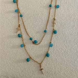 Gold Layered Cross Necklace with Turquoise Beads